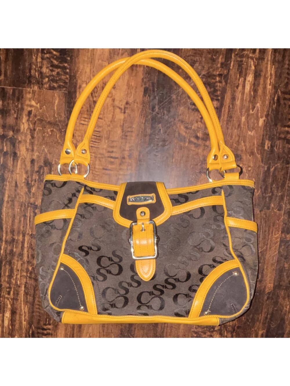 Sophia Caperelli Logo Shoulder Bag Brown Yellow Buckle Accent Designer